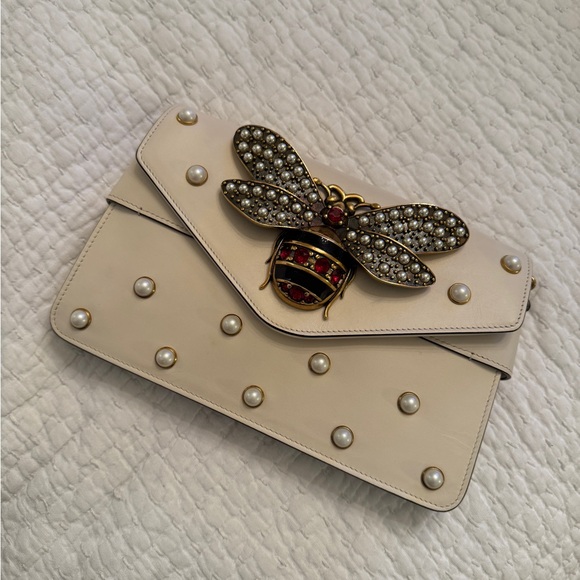 Gucci Nappa Pearl Studded Mini Queen Margaret Broadway Shoulder Bag Mystic White - Picture 1 of 8